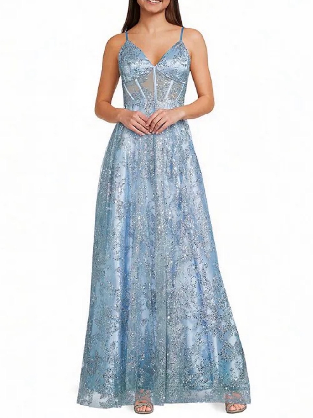 Dillards "Glitter Sweetheart Neck Illusion Corseted Lace Up Tie Back Long Dress"